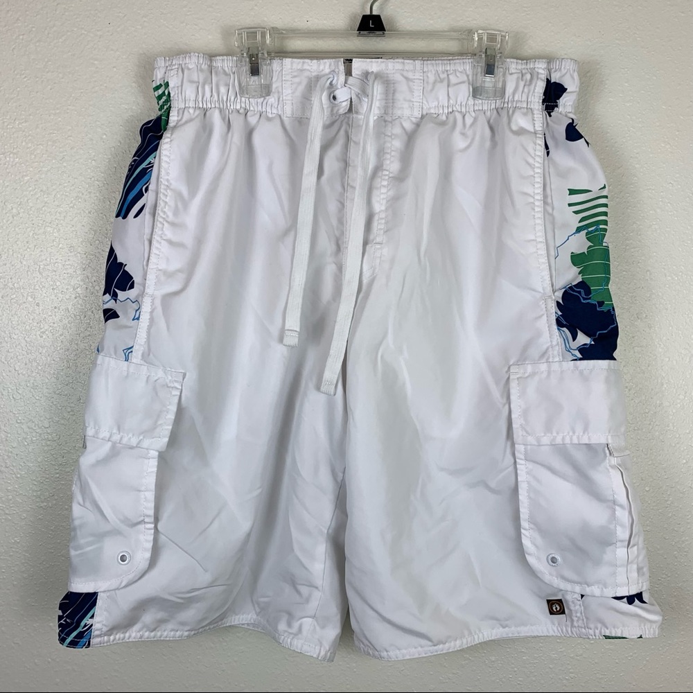 Hang Ten Medium White Board Swim Shorts Trunks Hawaiian Mesh Lined Draw String
